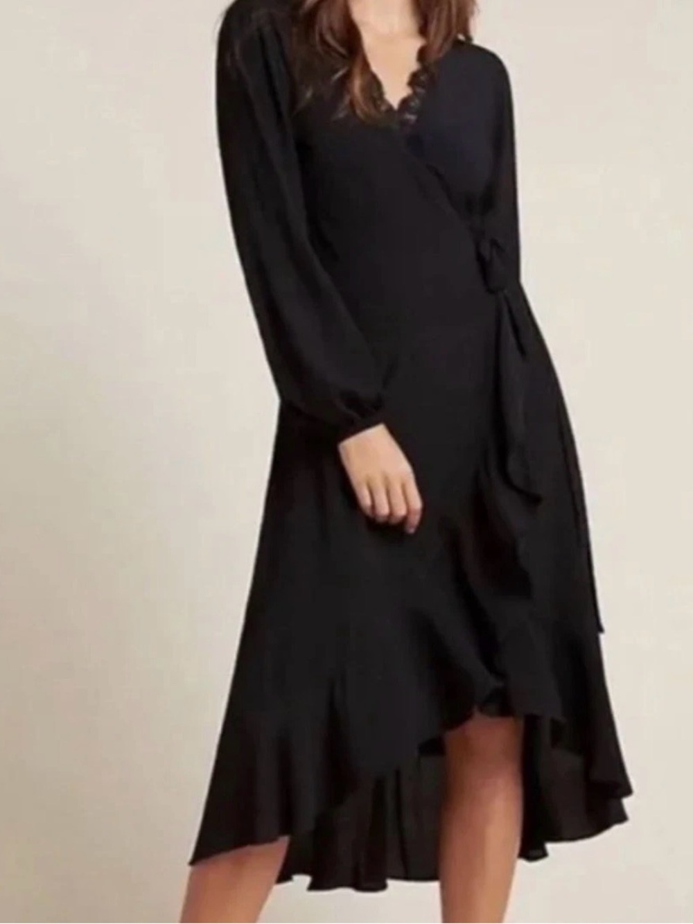 Anthropologie women’s black long sleeve midi wrap dress with lace trim